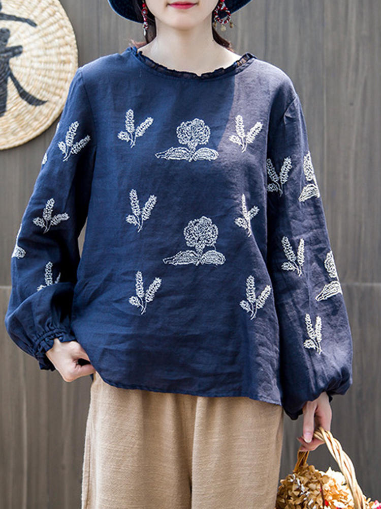 Vintage Embroidery O-neck Loose Linen Cotton Long Sleeve Blouse