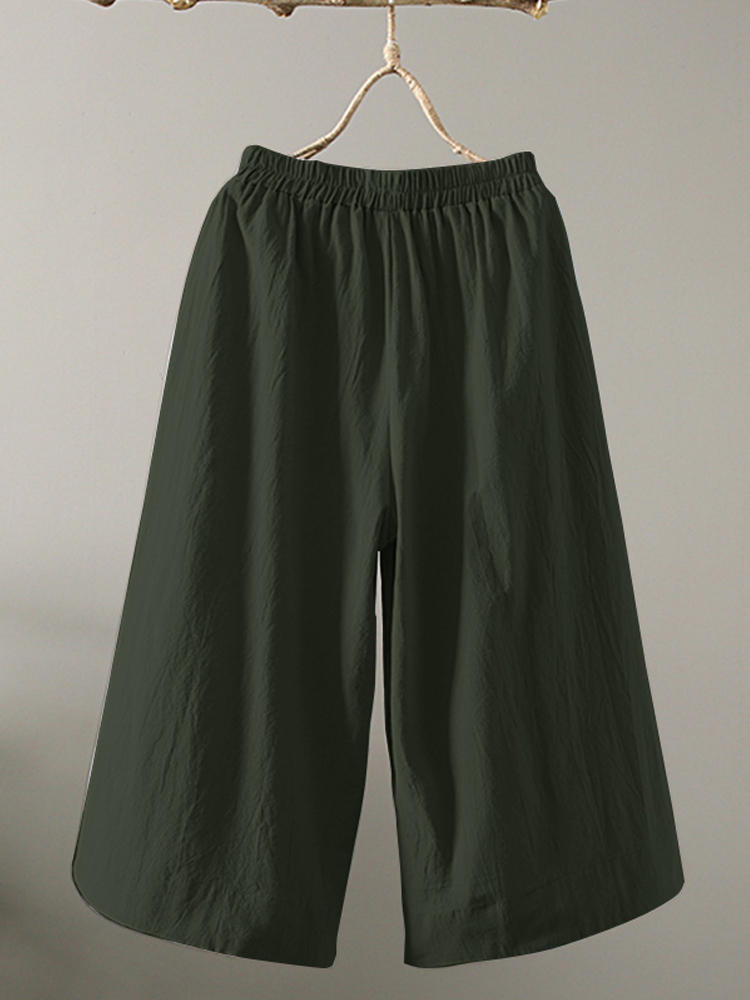 Vintage Women Elastic Pockets Wide Leg Pants