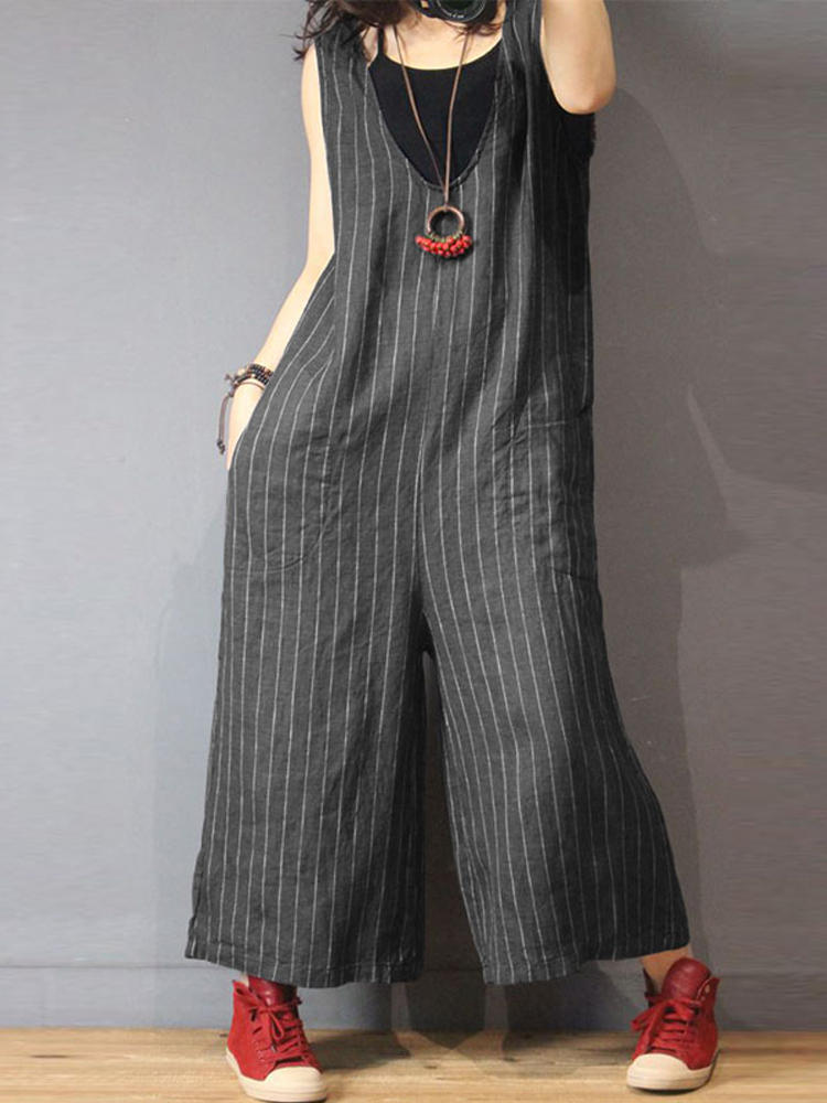Women Sleeveless V Neck Stripe Loose Overalls Wide Leg Jumpsuit