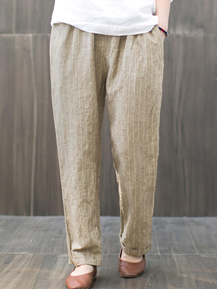 Women Cotton Elastic Waist Striped Harem Casual Trousers Pants