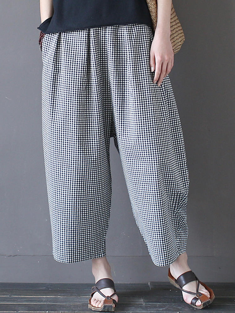 Vintage Plaid Pockets Elastic Waist Loose Pants For Women