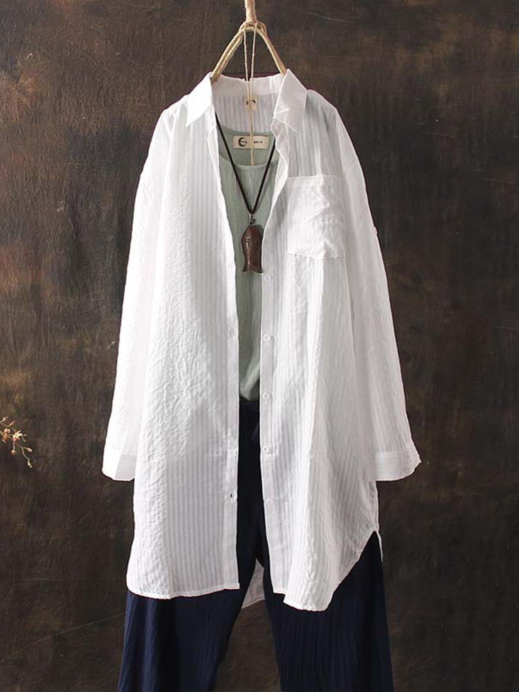 Women Stripe Long Sleeve Buttons Down Casual Loose Blouse