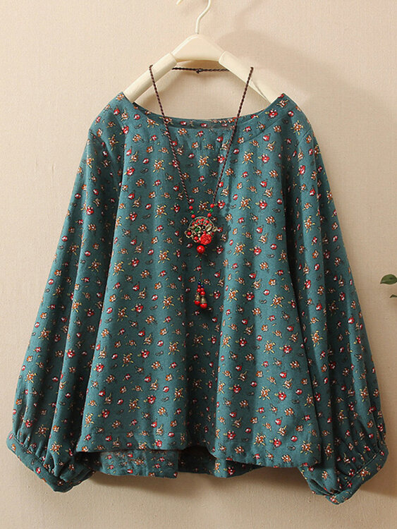 Women Cotton Loose Floral Print Round Neck Long Sleeve Blouse