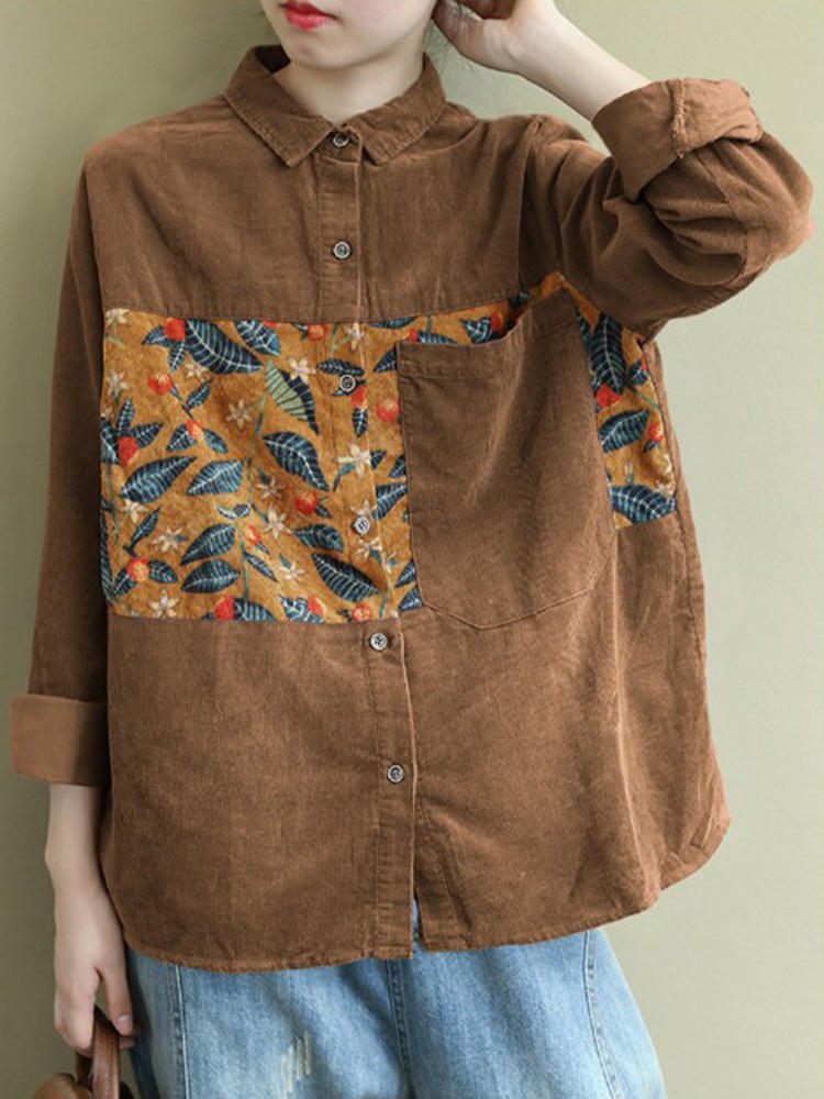 Corduroy Print Patchwork Long Sleeve Vintage Shirts