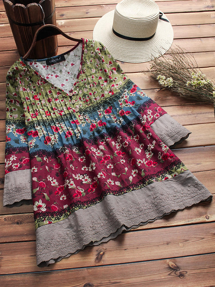 Vintage Floral Print Patchwork 3/4 Sleeve Blouse