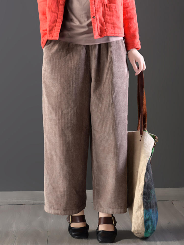 Casual Loose Women Pure Color Elastic Waist Thick Corduroy Pants