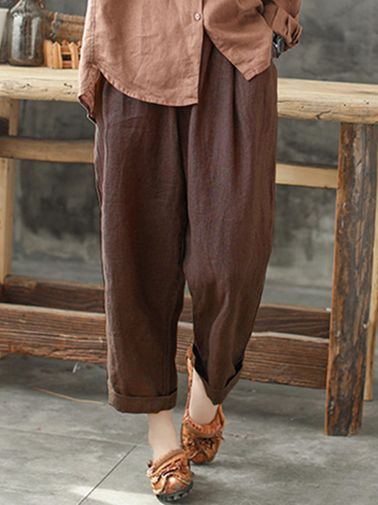 Women Cotton Pockets Elastic Waist Solid Pants