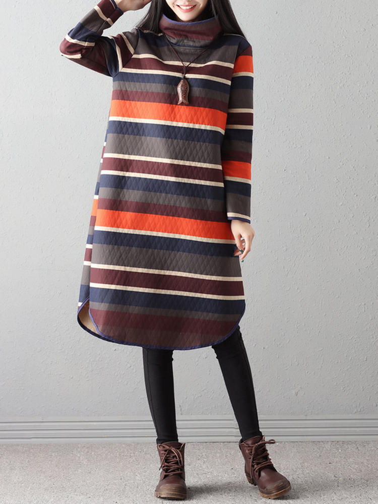 Women Turtleneck Long Sleeve High Collar Thicken Dress