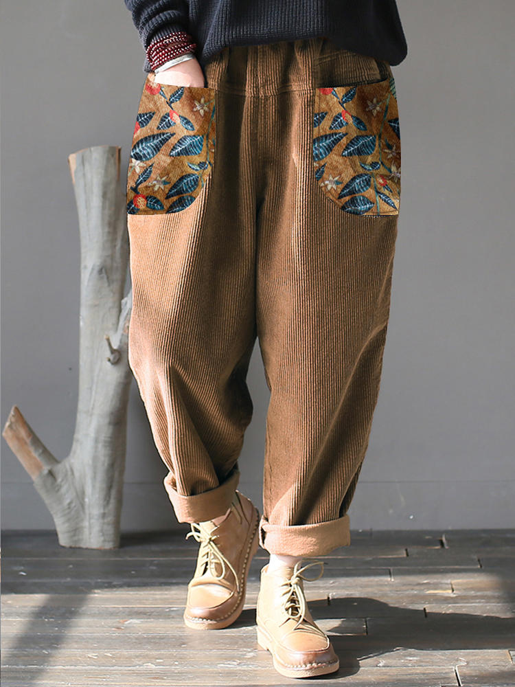 Corduroy Elastic Waist Leaves Print Ethnic Pants With Pocket