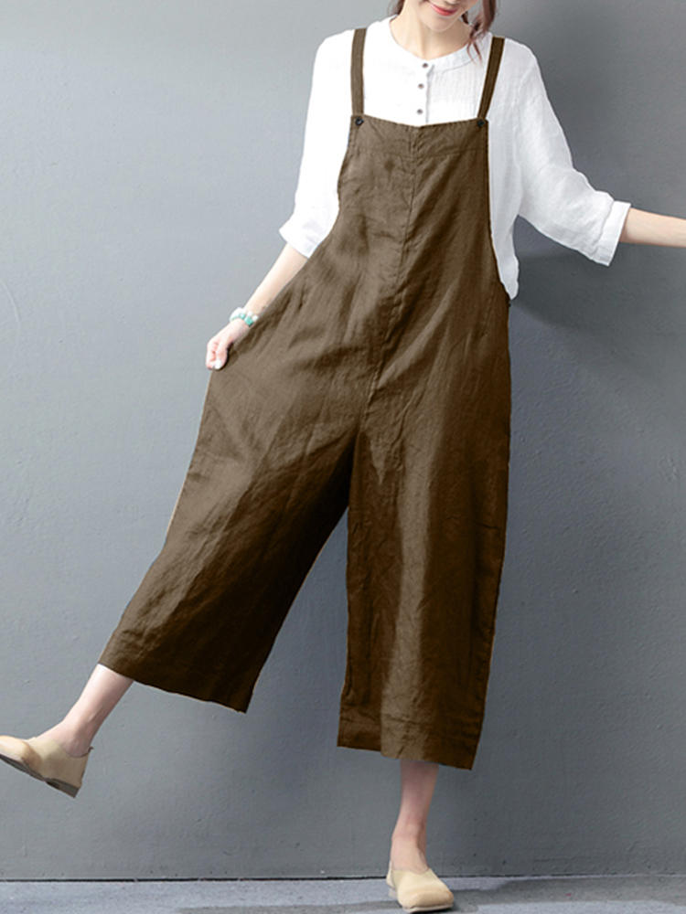 Women Vintage Sleeveless Straps Long Wide Leg Pants Jumpsuit