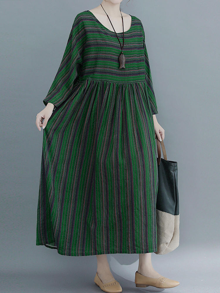 Casual Women Crew Neck Loose Side Pockets Long Sleeve Dress