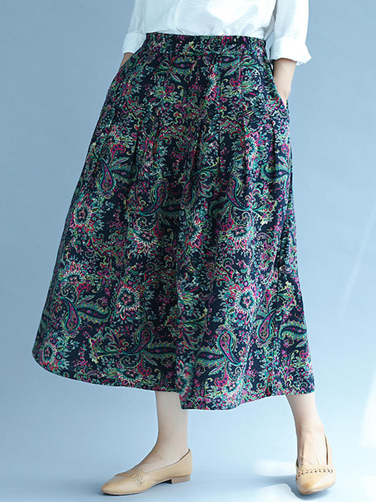 Vintage Women Elastic Waist Floral Printed Wide Leg Capri Pants