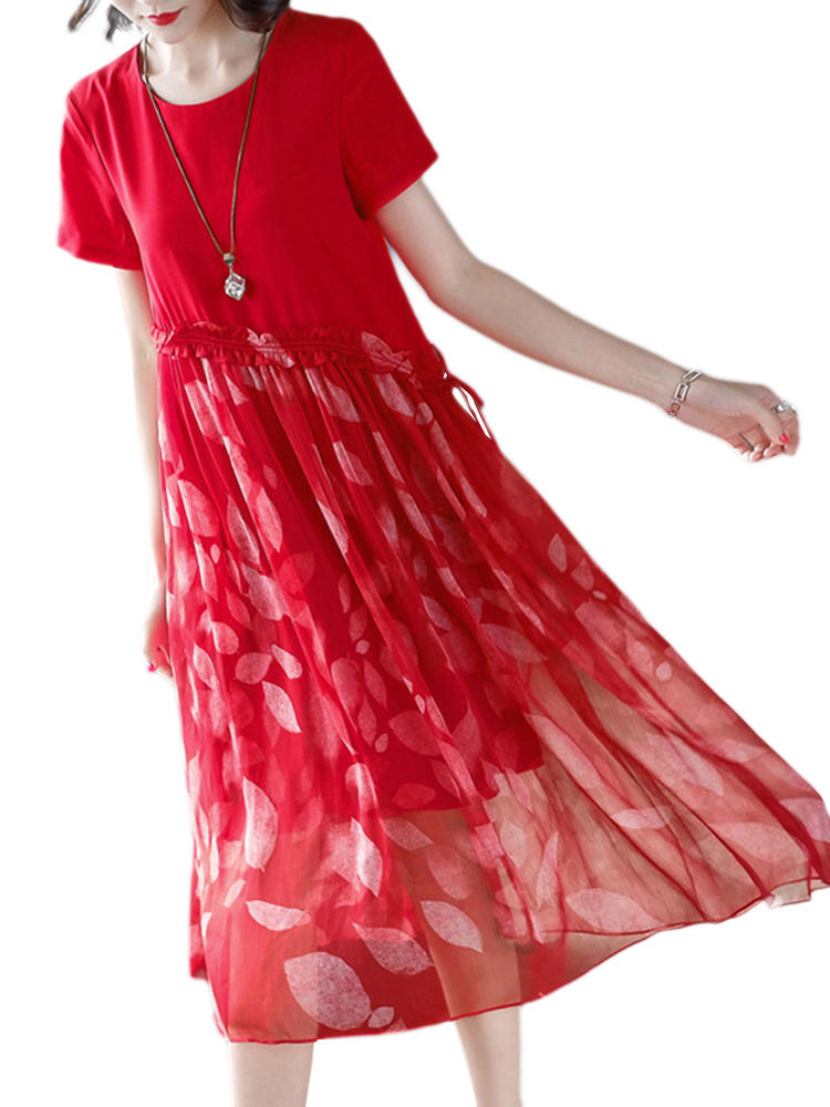 Casual Women Patchwork Printed Short Sleeve O-Neck Lace Dress