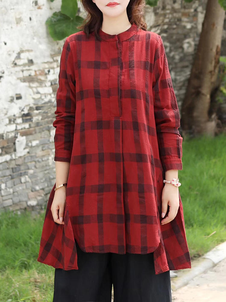 Women Plaid Stand Collar Long Sleeve Irregular Shirt Blouse