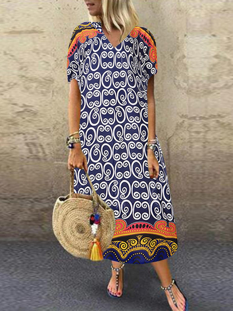 Women Casual V-Neck Printed Short Sleeve Dress