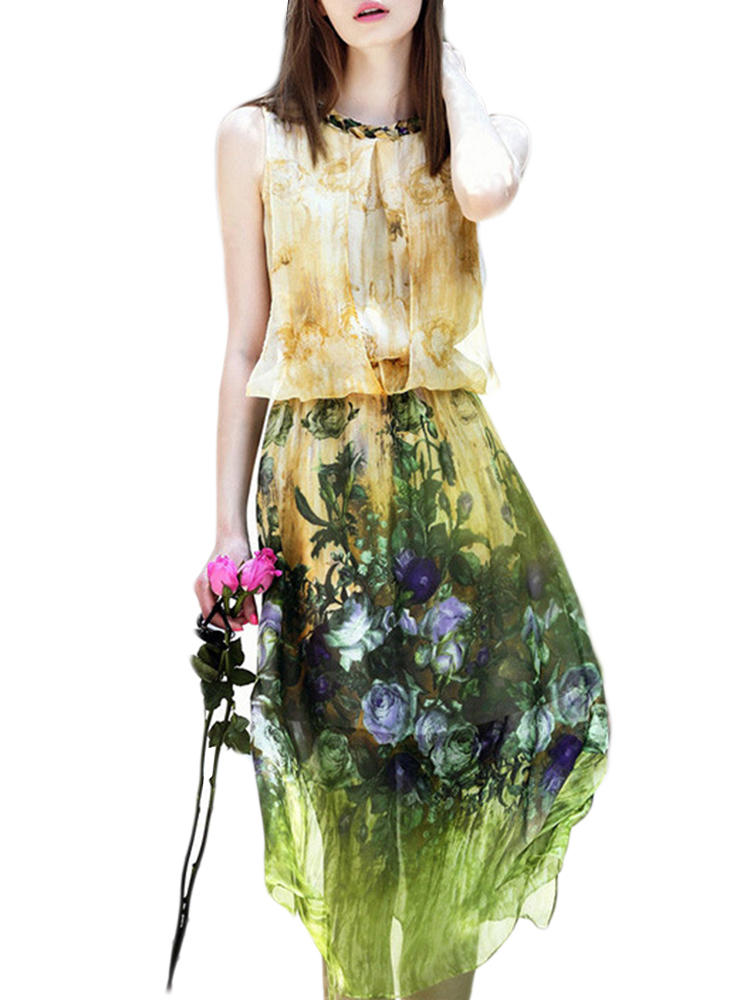 Elegant Women Floral Printed Sleeveless Mid Long Dress