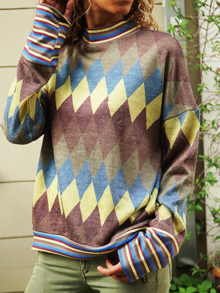 Casual Diamond Print Long Sleeve knitting Blouse
