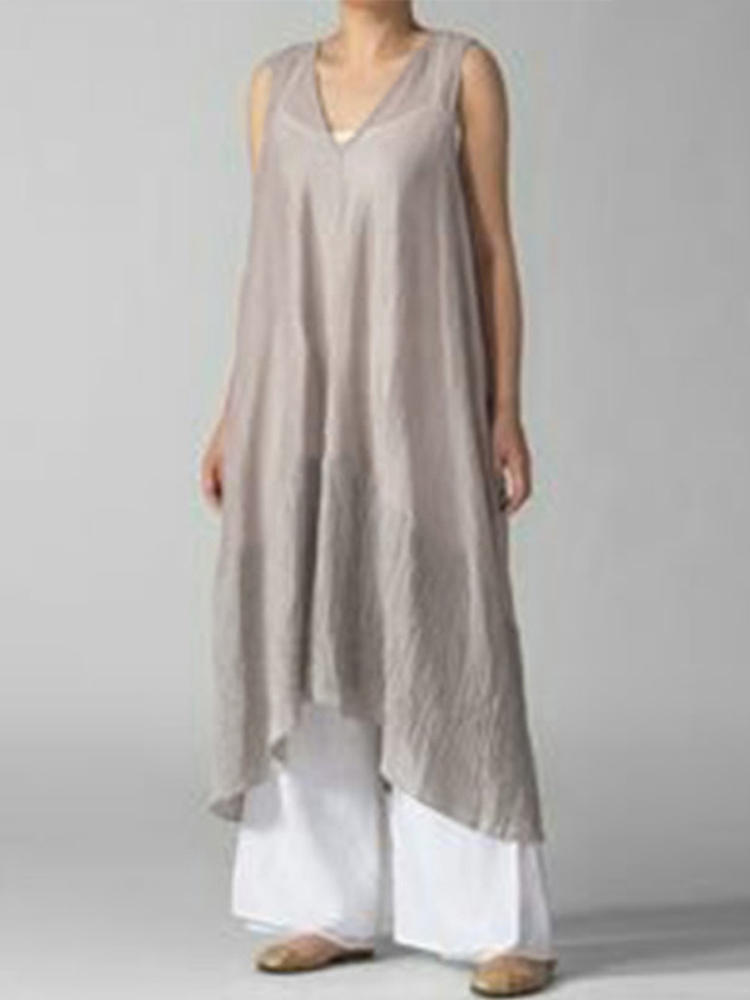 Women Sleeveless V Neck Solid Irregular Midi Dress