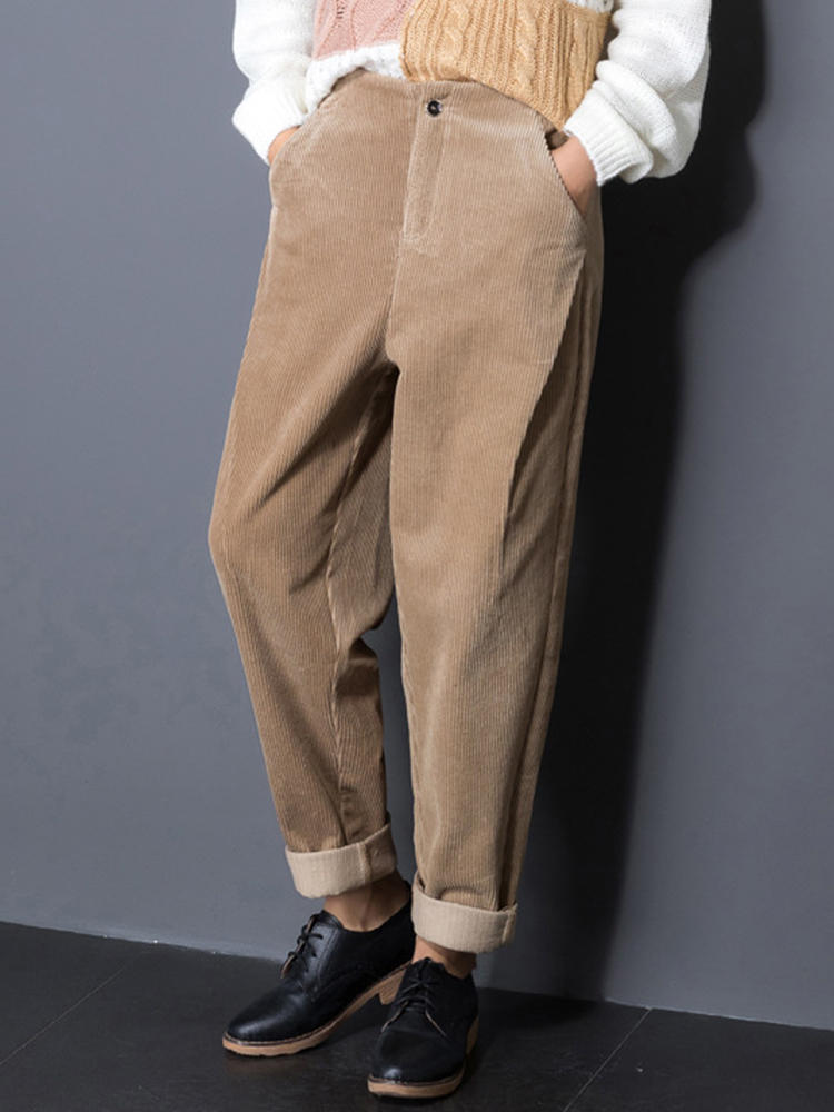 Casual Women High Waist Pockets Pure Color Corduroy Pants