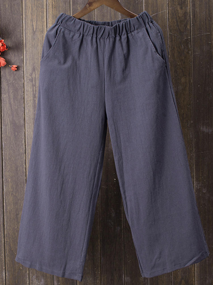 Women Elastic Waist Solid Linen Cotton Pants