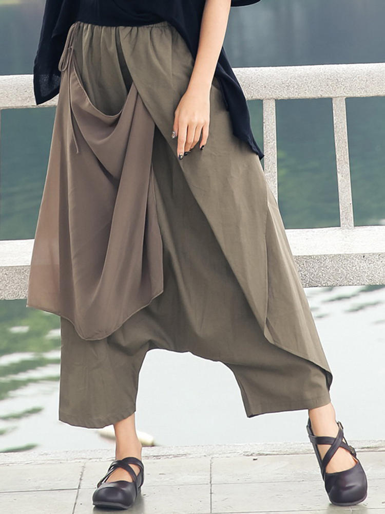 Wide Leg Women Cotton Linen Solid Color Elastic Waist Irregular