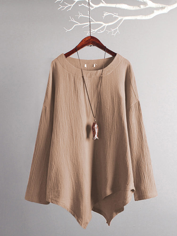Casual Women Loose Cotton Linen Irregular Hem Blouse
