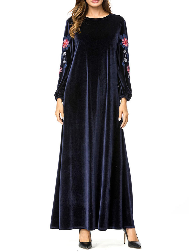 Women Embroidery Velvet Long Sleeve Navy Long Dress