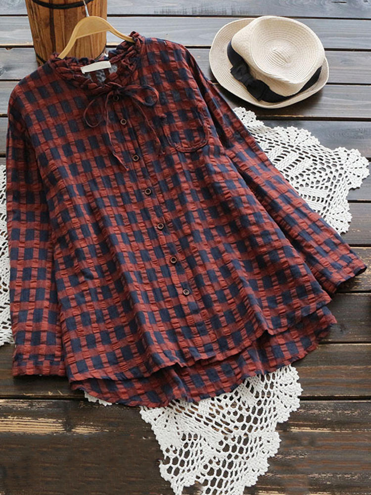 Vintage Plaid Bandage Long Sleeve Irregular Blouse for Women