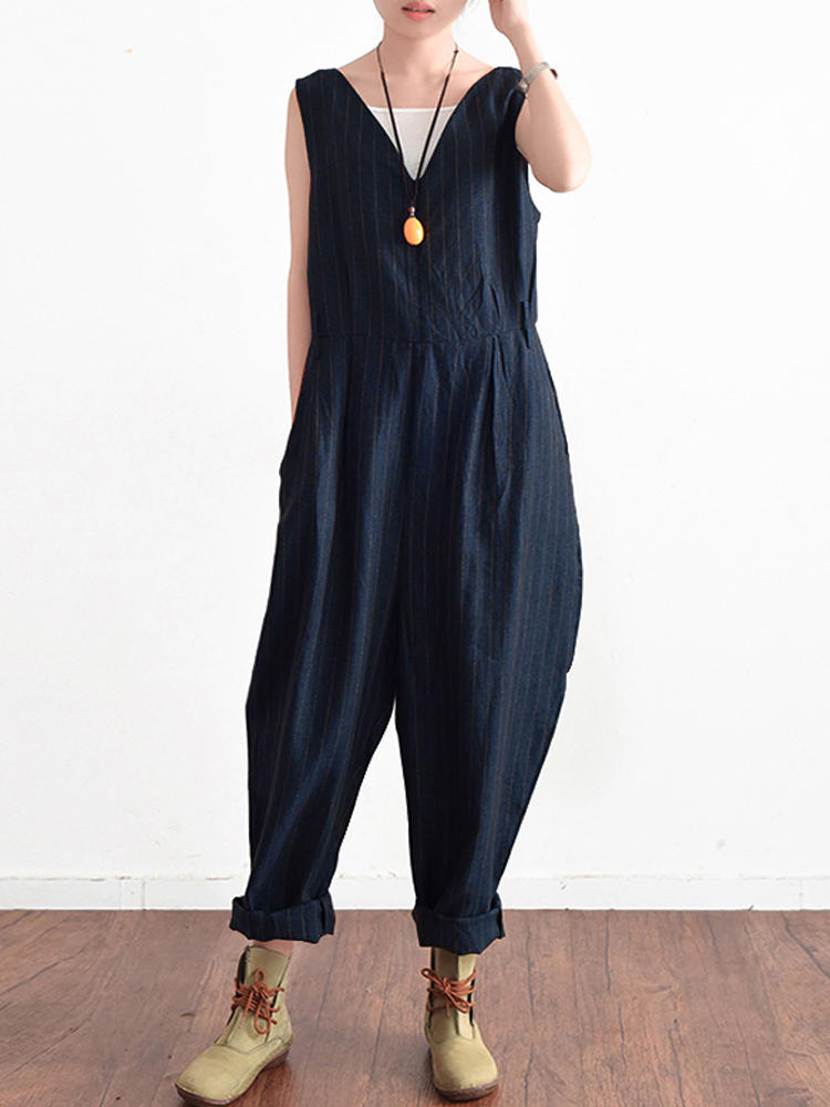 Women Sleeveless V Neck Striped Jumpsuit Overalls