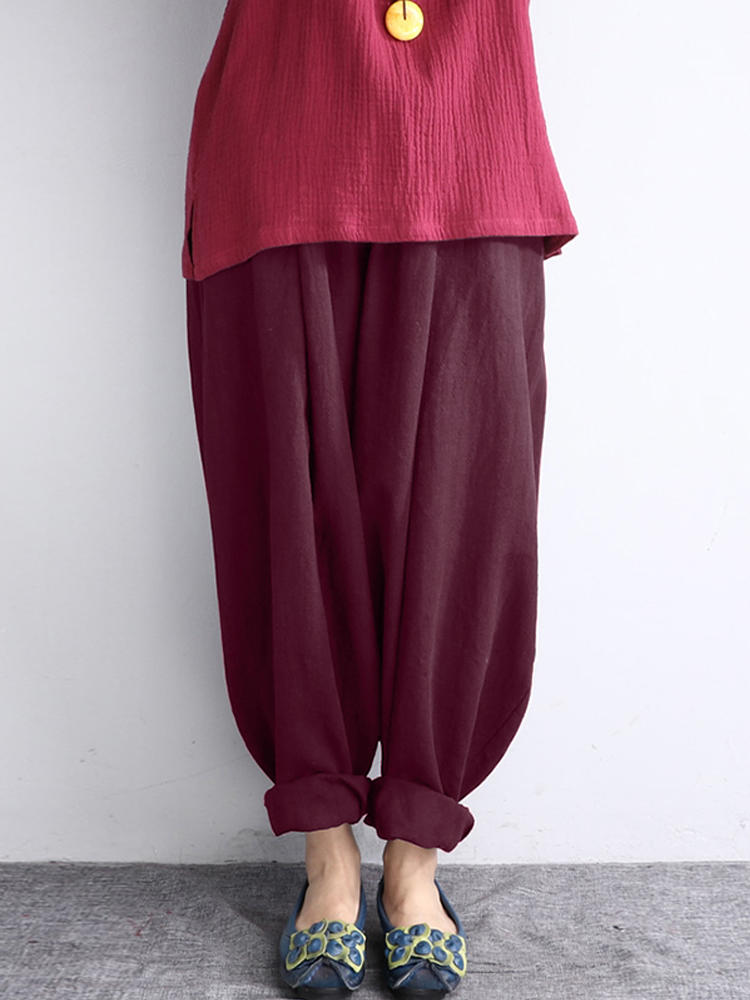 Women Vintage High Waist Chinese Style Linen Cotton Lantern Pant