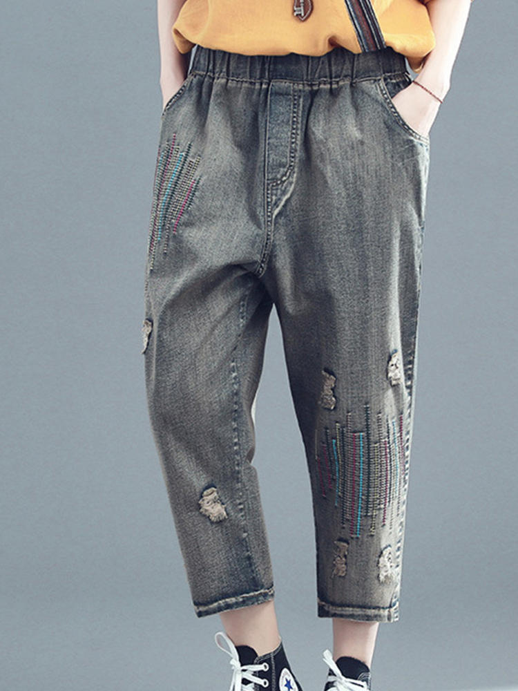 Embroidered Ripped Elastic Waist Jeans For Women