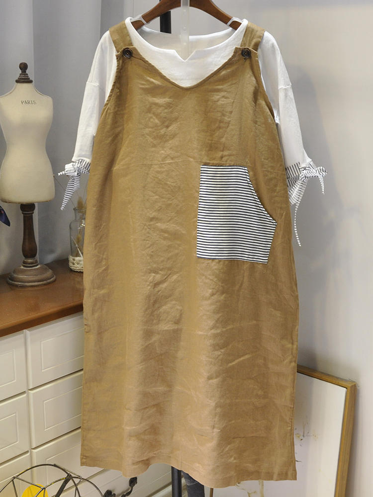 Japanese Women Sleeveless Patchwork Solid Color A-Line Vintage D