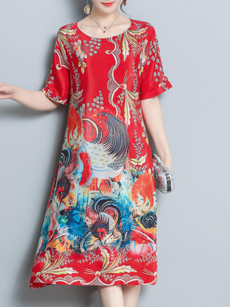 Elegant Floral Short Sleeve Loose Hem Print Dresses