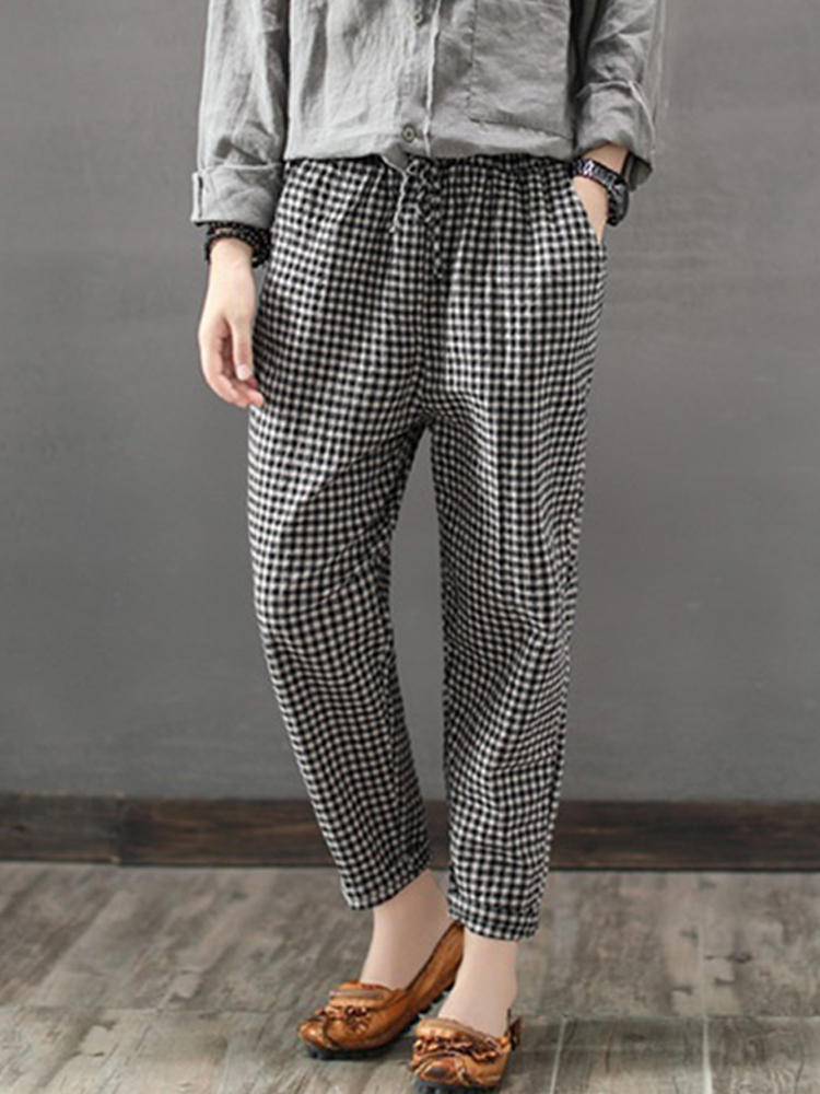 Women Casual Elastic Waist Plaid Long Pants
