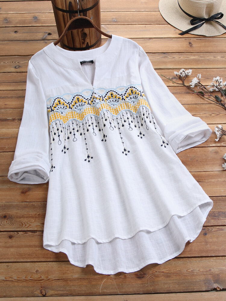Women Ethnic Embroidery V-Neck Irregular Long Sleeve Button Vint