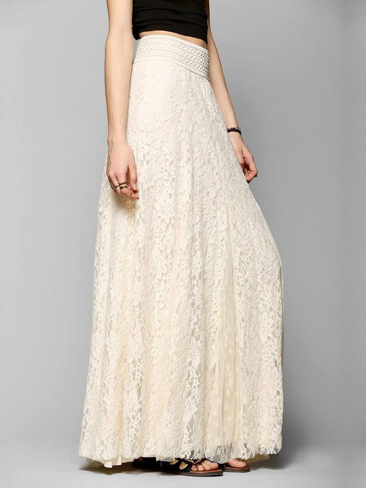 High Waist Hollow Lace Solid Color Long Skirts