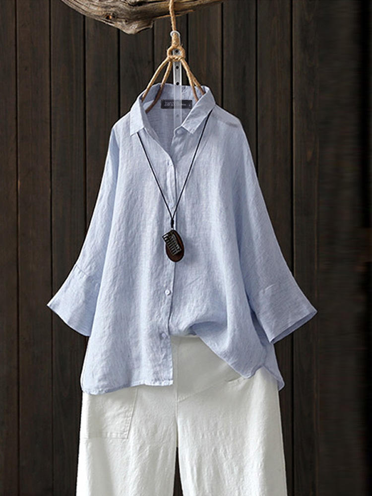 Women 3/4 Sleeve Button Turn-Down Collar Cotton Blouse