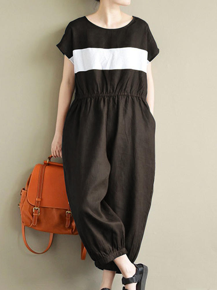 Women Stripe Crewneck Short Sleeve Long Jumpsuit Overalls