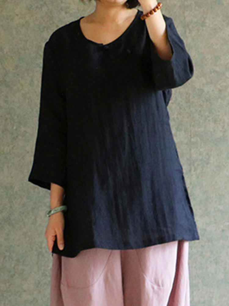 S-5XL Women Vintage Cotton Linen Chinese Frog 3/4 Sleeve Blouse