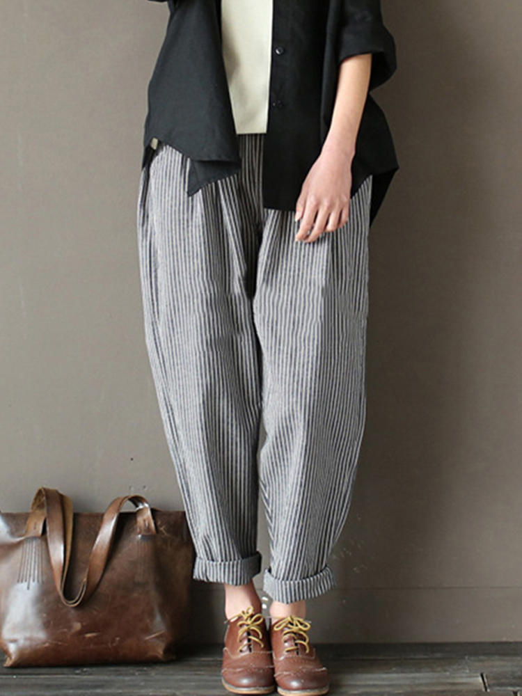 Vintage Women Stripe Elastic Wasit Pockets Loose Pants