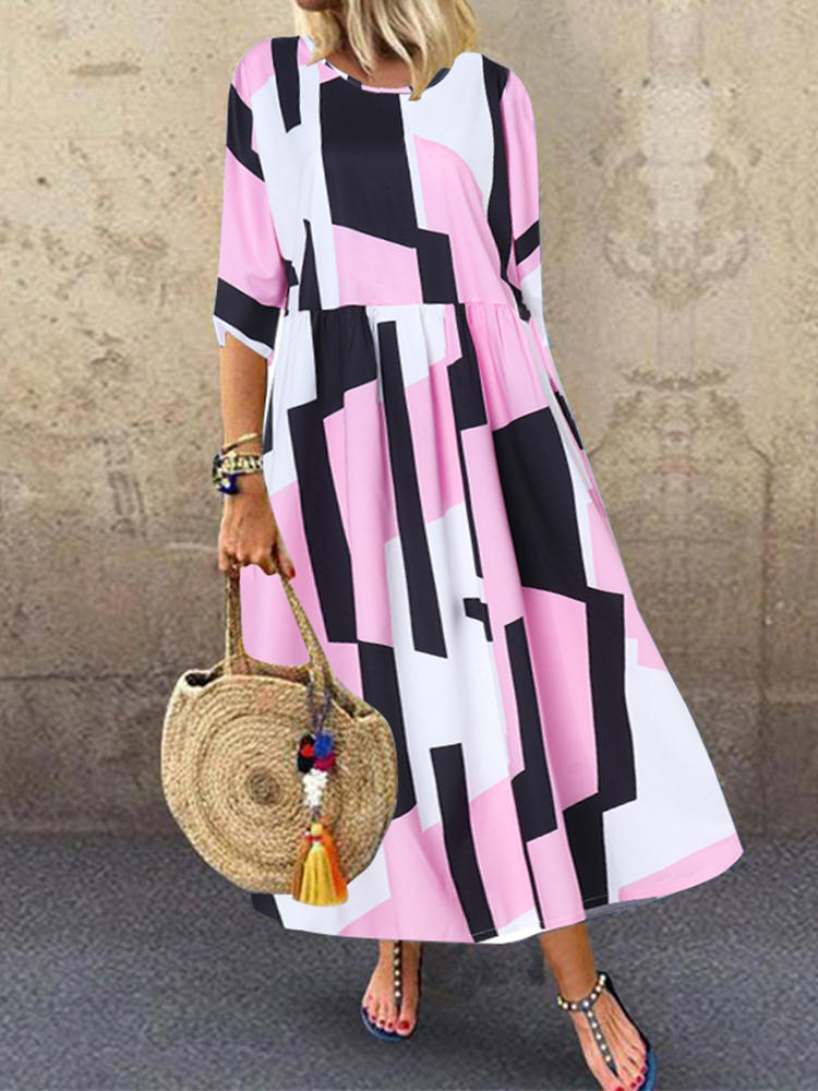 Women 3/4 Sleeve O-neck Geometric Print Loose Maxi Dress