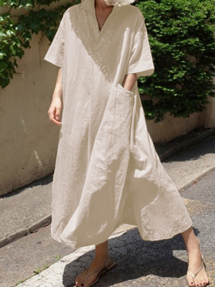 Women Short Sleeve V Neck Casual Long Shirt Split Hem Midi Dress