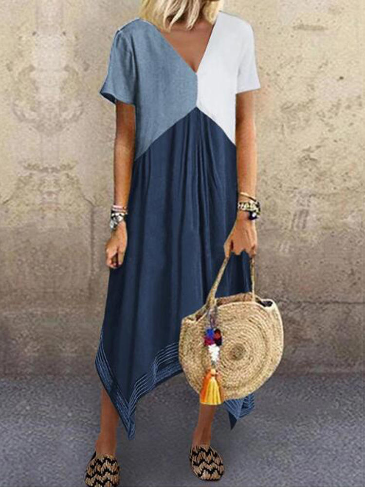 Short Sleeve Color Splicing V Neck Irregular Hem Casual Dress