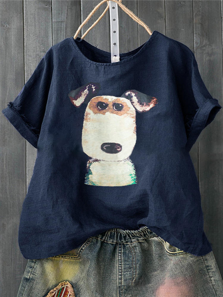 Women Casual Print Dog Cartoon Short Sleeve T-Shirts