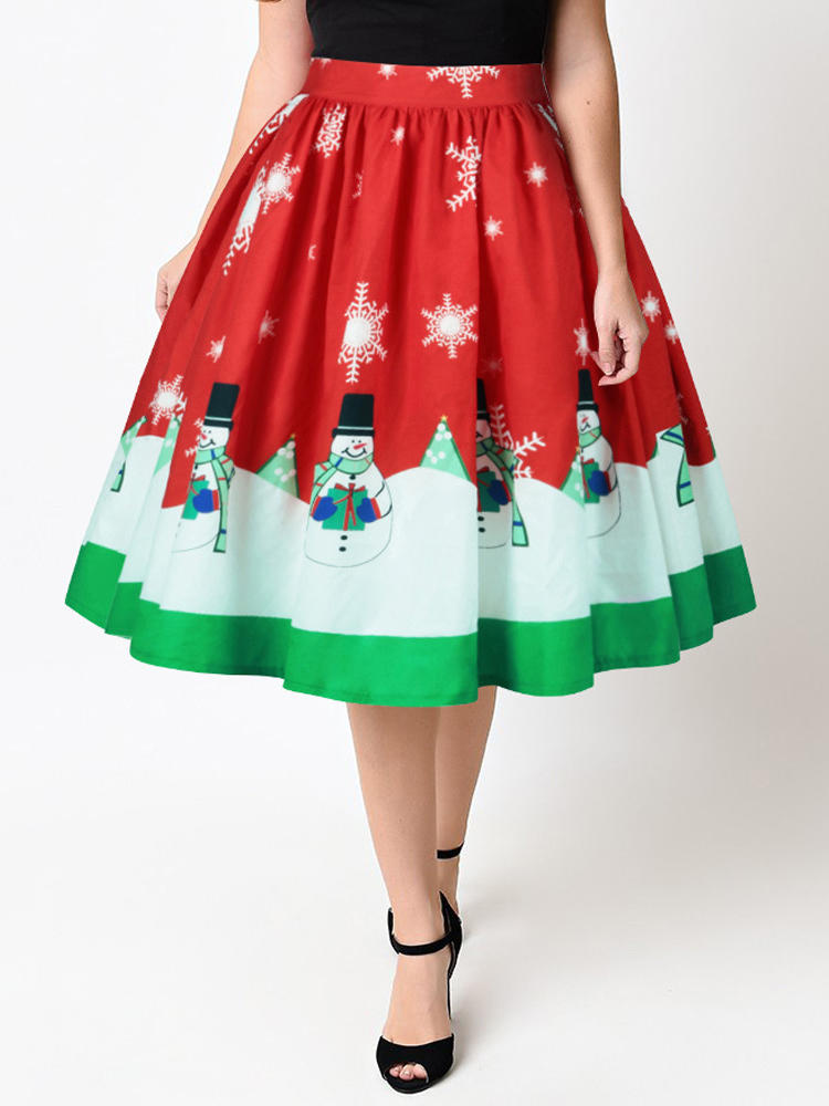 Christmas Casual Snowman Print High Waist Pleated skirts
