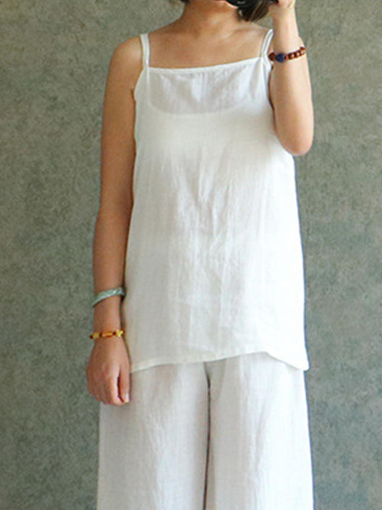 Women Sleeveless Strappy Cotton Linen Vest Casual Basic Inside T