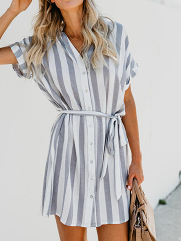 Women Casual Striped Belt Short Sleeve Shirt Mini Dress