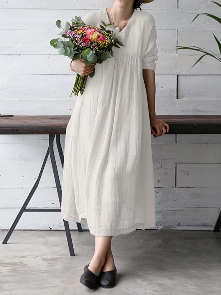 M-5XL Vintage Women Solid Color V-Neck Long Sleeve Maxi Dress