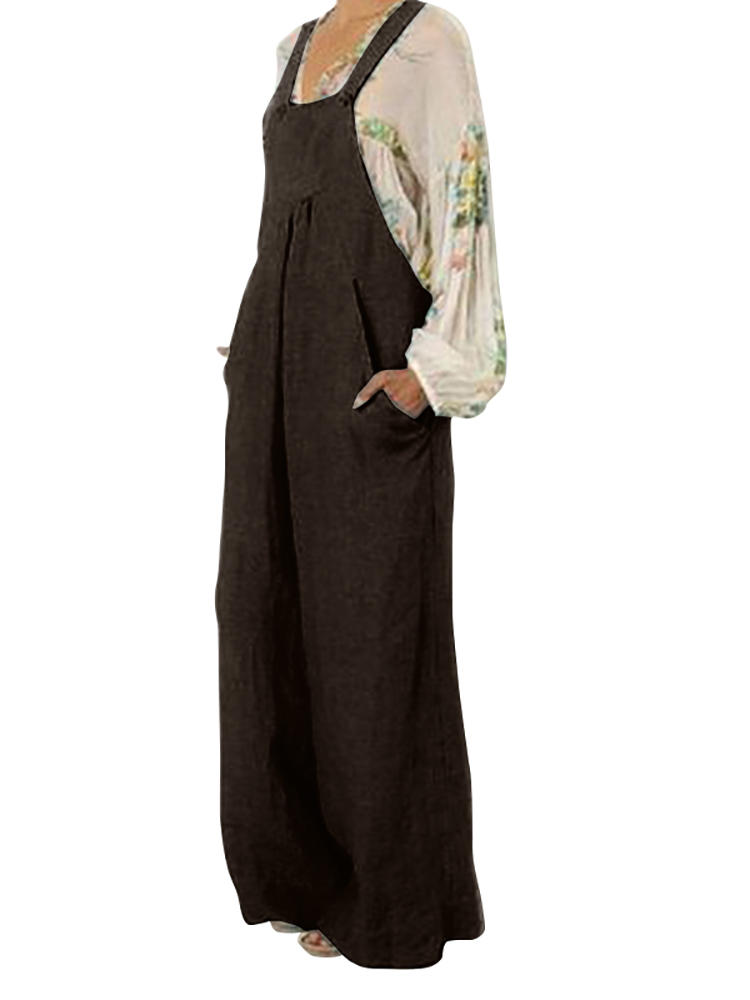 Casual Women Loose High Waist Pure Color Pockets Jumpsuit