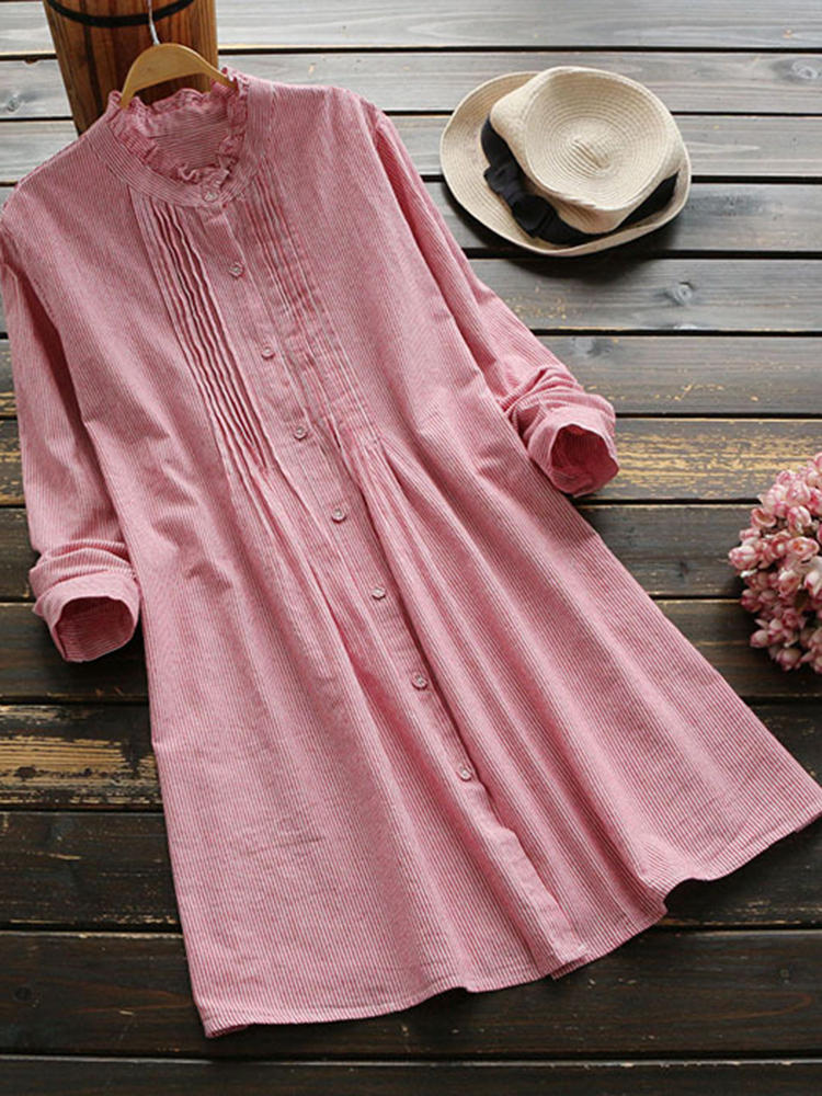 Vintage Stripe Pleated Buttons Stand Collar Solid Long Sleeve Bl